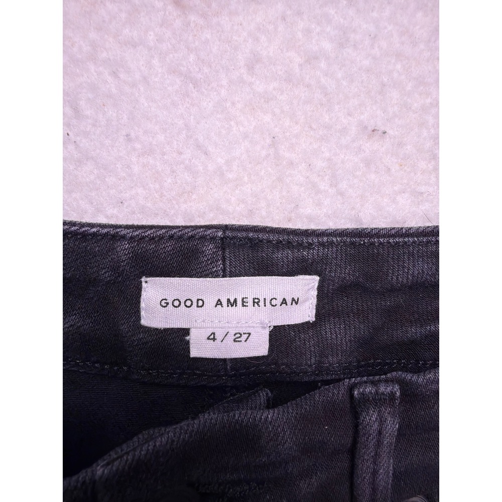 Good American Good Legs Crop Mini Boot Jeans Womens 4/27 Black Button Fly Frayed - Picture 2 of 10